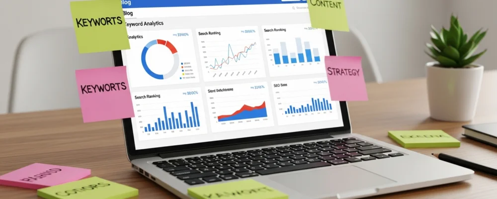 Un écran d'ordinateur portable affichant un tableau de bord de blog avec des graphiques d'analyse de mots-clés, des graphiques de classement de recherche et des métriques SEO, entouré