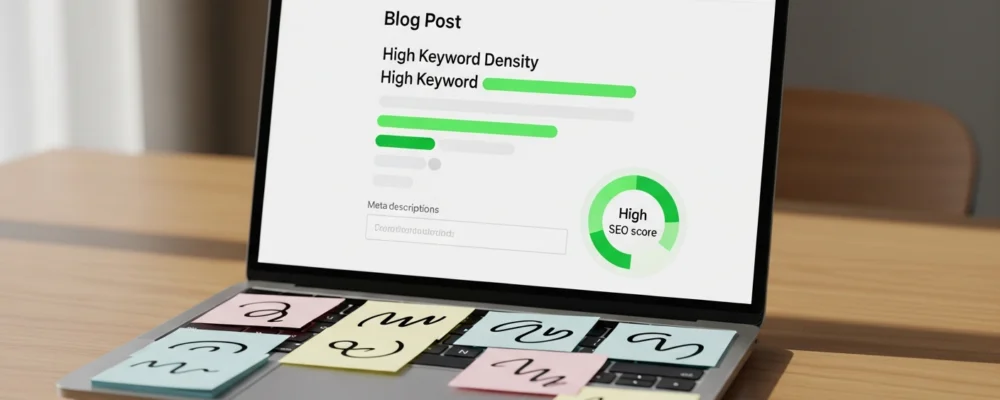 Un écran d'ordinateur portable affichant un éditeur d'article de blog avec des surlignages de densité de mots-clés visibles, des champs de description méta et des outils SEO
