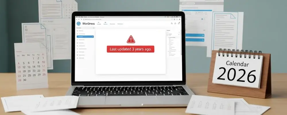 Un écran d'ordinateur portable affichant un tableau de bord de plugin WordPress avec un badge d'alerte rouge indiquant « dernière mise à jour 3 ans