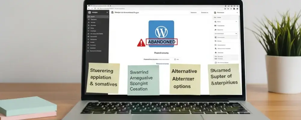 Un tableau de bord WordPress sur un écran d'ordinateur portable affichant un plugin marqué comme « abandonné » avec un badge